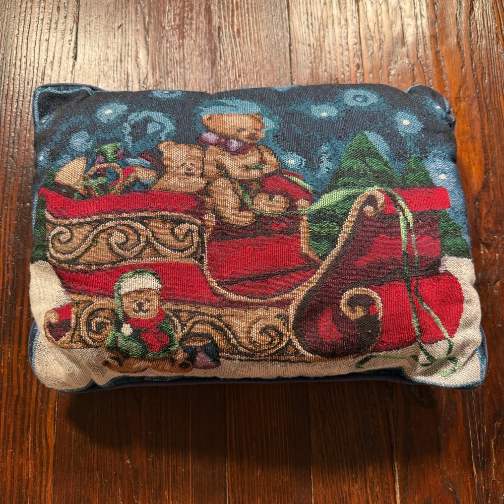 Vintage Christmas Teddy Bear Sleigh Tapestry Throw Pillow Navy Blue 15x11
